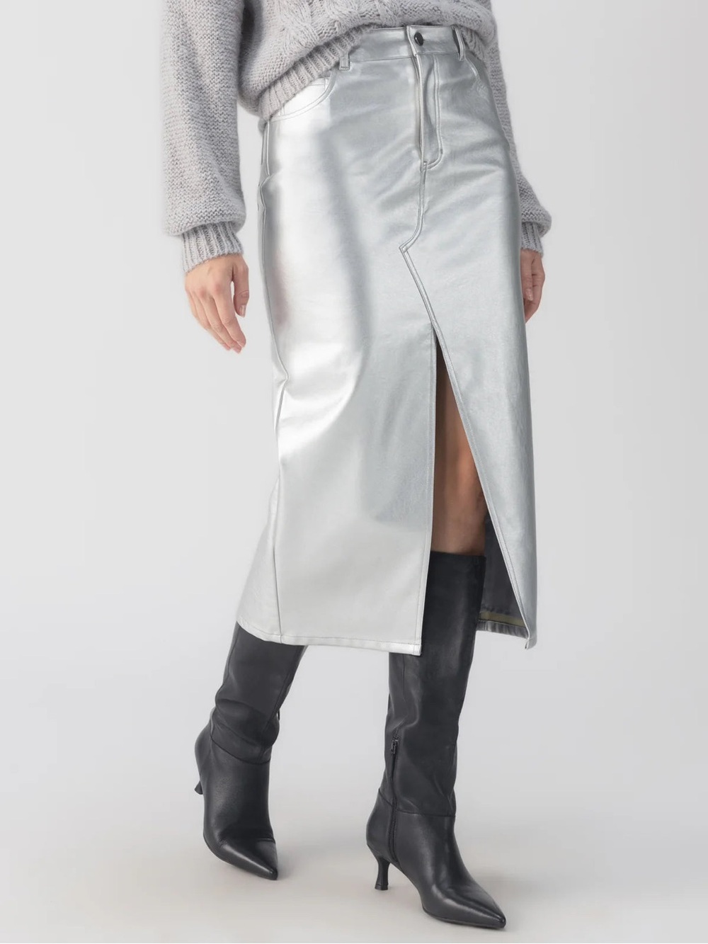 NWT Sanctuary Silver Metallic Faux Leather Skirt With Front Slit Size 28